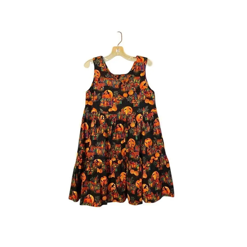 Handcrafted hand, stone girls, Halloween, print, tiered dress, size 5 ￼￼